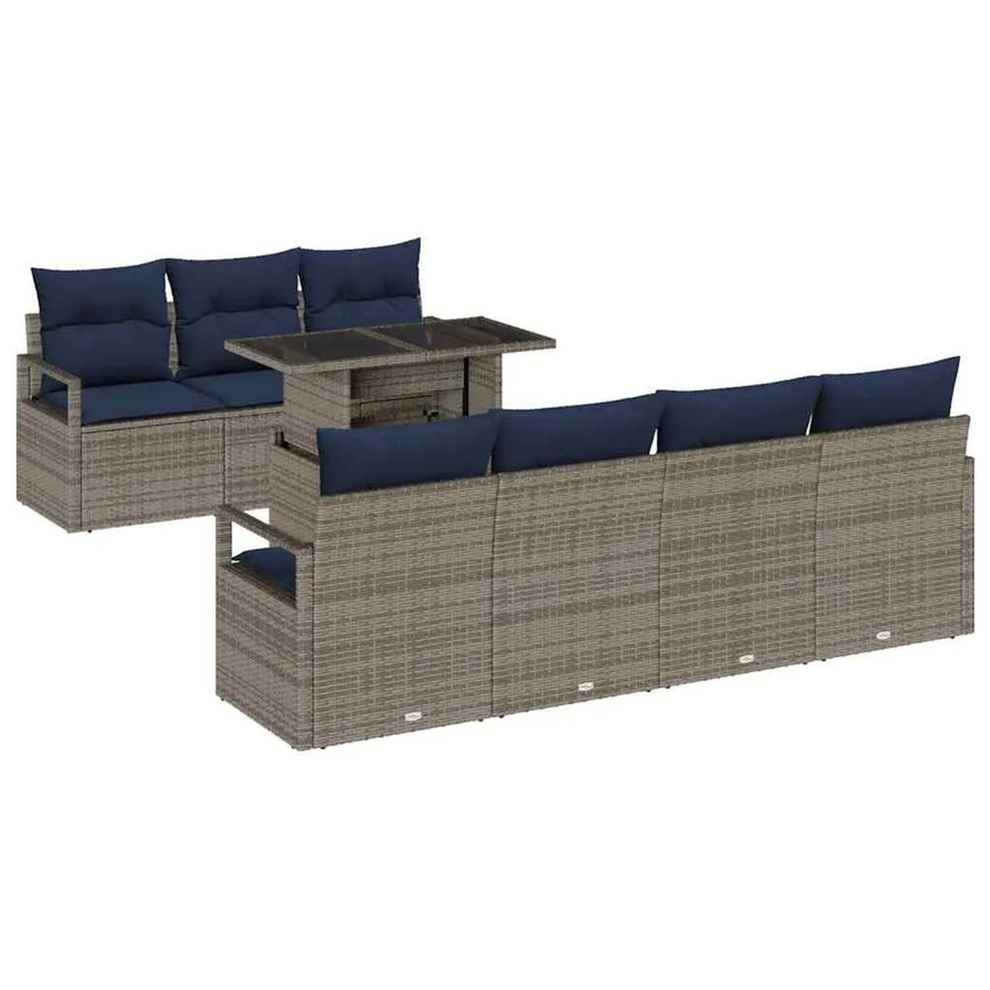 vidaXL Gartensofa-Set 8-teilig aus Poly-Rattan in Grau und Marineblau mit Kissen und Tisch - Bild 2