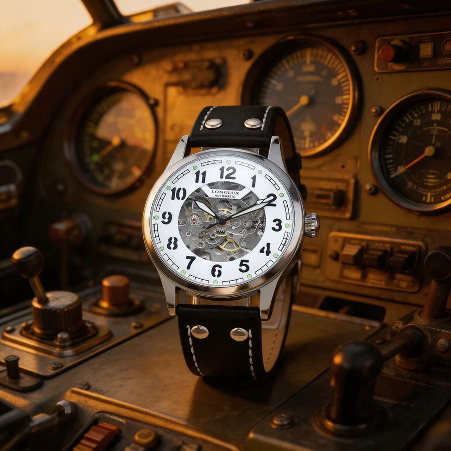 LONGLUX Armbanduhr Automatik, Piloten-Skelett, Edelstahl, Leder, Herren - Bild 4