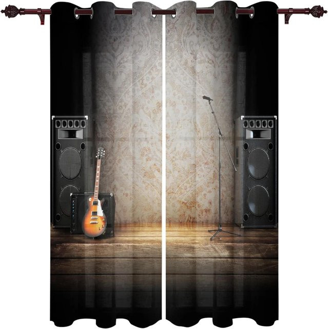 Set aus 2 semi-transparenten Vorhängen mit Musikbühnenlautsprecher und E-Gitarre Motiv, Mehrfarbig, B: 60 cm, H: 100 cm - Bild 1