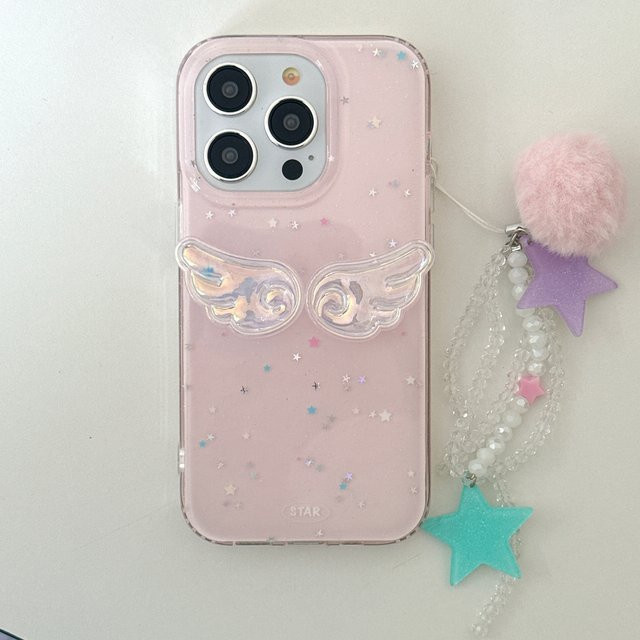 TROPLET Handyhülle mit glitzernden rosa 3D-Kristallflügeln und flauschiger Handgelenkkette für iPhone 16 15 14 13 Pro Max - Bild 1