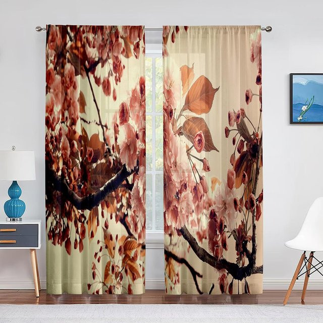 Transparenter Voile Vorhang mit Kirschblüten-Design in Lila, Gelb und Weiß von Super Six, Breite: 100 cm, Höhe: 250 cm - Bild 1