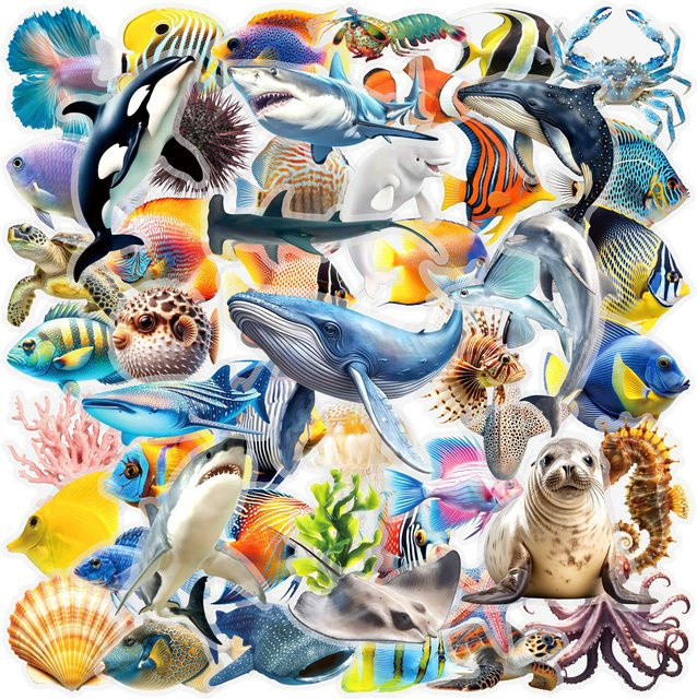 50 oder 100 Stück Wasserfeste PET Aufkleber mit Unterwasserwelt und Meerestieren in Transparent und Multicolour für Scrapbook, Laptop und Schreibwaren - Bild 1
