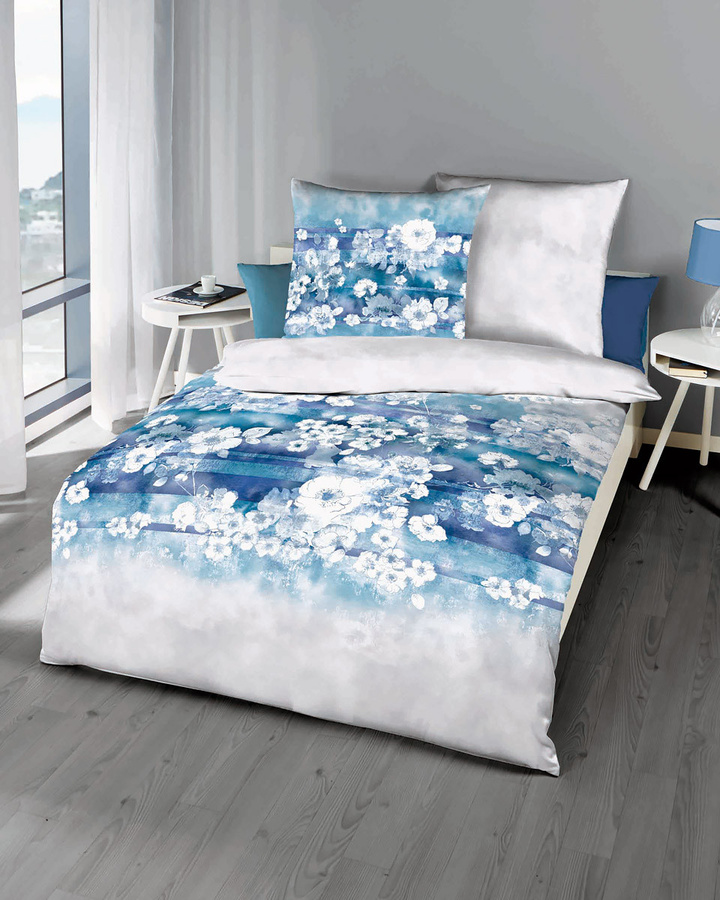 Valentine 903 Bettwäsche-Set aus Mako-Satin und Baumwolle, gestreift in Weiß und Blau, B/H: 155 x 220 cm mit Kissenbezug 80 x 80 cm - Bild 1