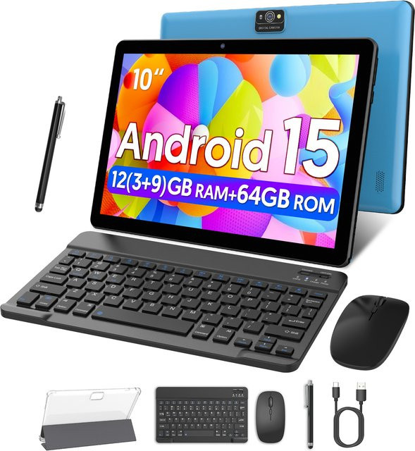 BAKEN Android 15 Tablet in Blau mit 10,0 Zoll Bildschirm, 12GB RAM, 64GB Speicher, Quad-Core-Prozessor, 6000mAh und Dual-Kameras (2MP+8MP) - Bild 1