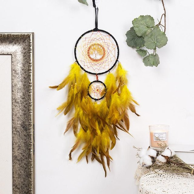 Yiran Furniture Windspiel Lebensbaum Hängeornament aus Stein und Textil in Gelb mit Sternen, Blättern und Herzen im Boho-Stil - Bild 1