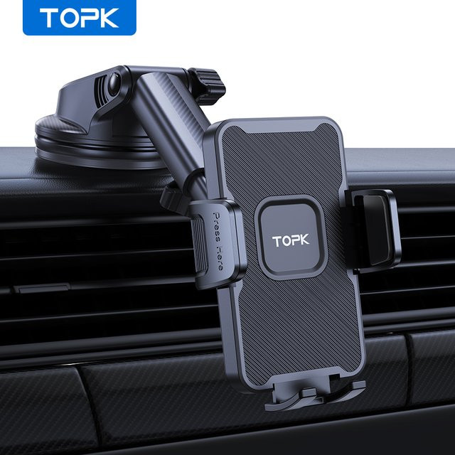 TOPK Kfz-Handyhalterung in Schwarz für Armaturenbrett oder Windschutzscheibe mit 360 Grad Drehung und Ein-Knopf-Entriegelung, passend für Smartphones von 4,0 bis 7,0 Zoll - Bild 1