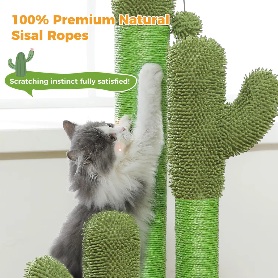 PAWZ Road Kaktus-Katzenkratzbaum in Grün mit 3 Sisal-Kratzstangen und integriertem Spielzeug mit baumelndem Ball - Bild 2