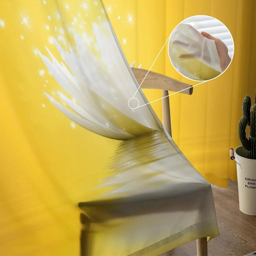 Yiran Furniture Lotusblume Tüllvorhang Gelb, Transparentes Voile-Fensterdekoration mit Ösen, Breite: 135 cm, Höhe: 115 cm - Bild 3