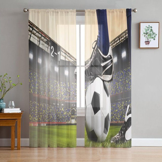 Transparente Tüll Vorhänge mit Fußball-Motiv für Wohnzimmer und Küche, Farbe Transparent, Breite: 135 cm, Höhe: 137 cm - Bild 1