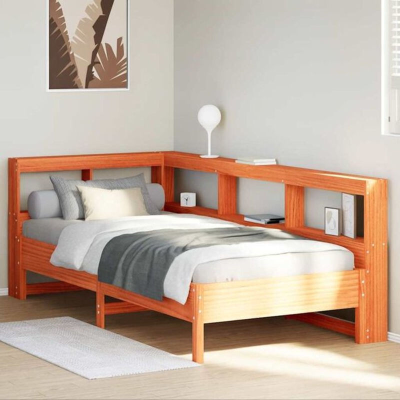 Massivholzbett aus Kiefer mit Regal von Vidaxl, Braun, B/T/H: 100 x 200 x 80 cm - Bild 1