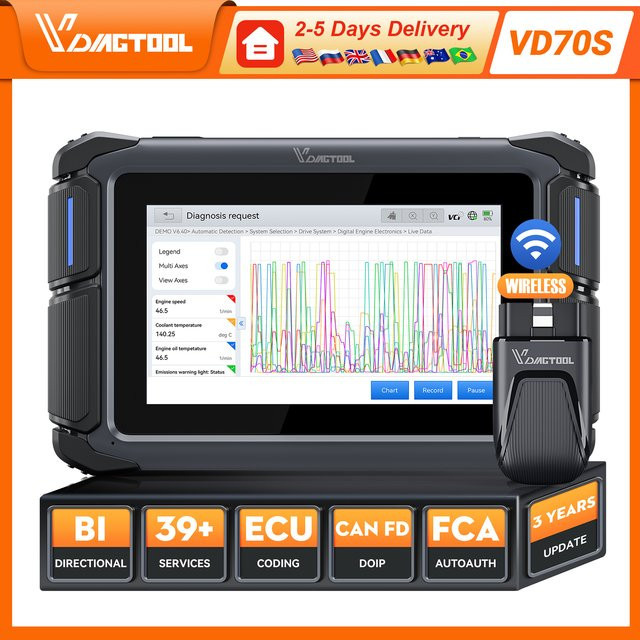 VDIAGTOOL VD70S Auto-Diagnosegerät in Schwarz mit ECU-Codierung, Kfz-Scanner und Schlüsselprogrammierung für FCA und CAN FD - Bild 1