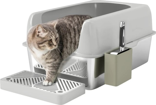 PawHut Katzentoilette aus ABS und Edelstahl in Hellgrau mit Deckel und Schaufel, B/T/H: 40,6 x 40,6 x 29 cm - Bild 1