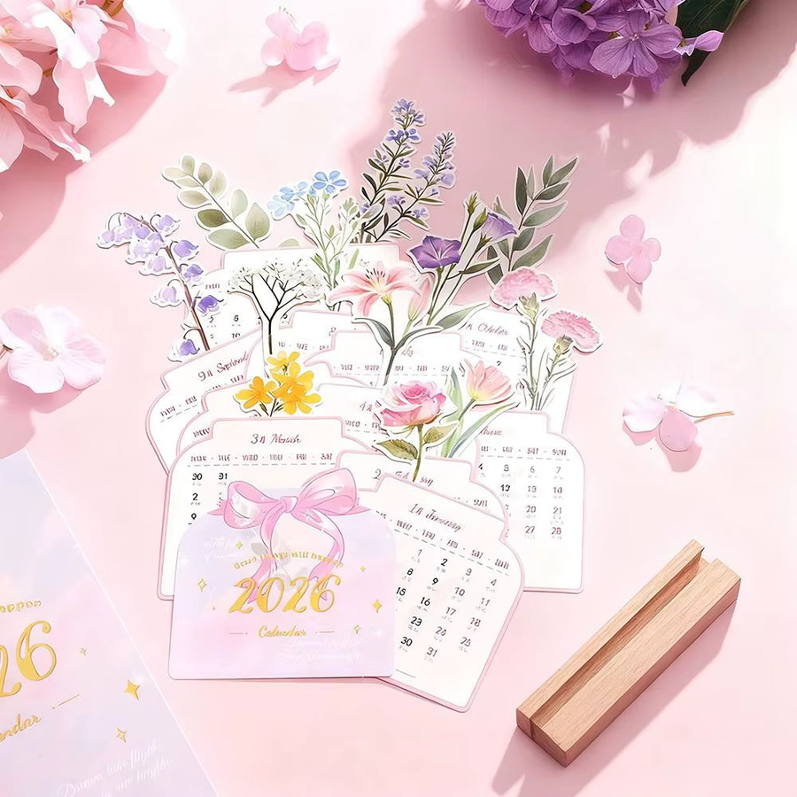 Tischkalender 2026 mit Holzsockel in Vasenform und Blumenmotiv, Monatsplaner in Pink und Multicolour - Bild 1