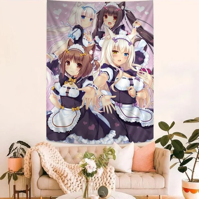 VIKAMA Nekopara Wandteppich mit Cat Girl Anime Motiv und floraler Dekoration, Mehrfarbig, Breite: 70 cm, Höhe: 50 cm - Bild 1