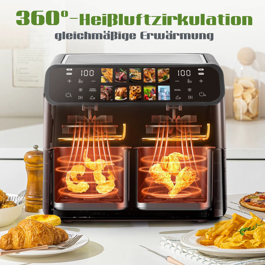 Sinaopus Ölfreie Doppelkorb-Heißluftfritteuse mit Sichtfenster, 9L elektrische Heißluftfritteuse in Schwarz mit LED-Touchscreen, Timer und 10 automatischen Programmen - Bild 5