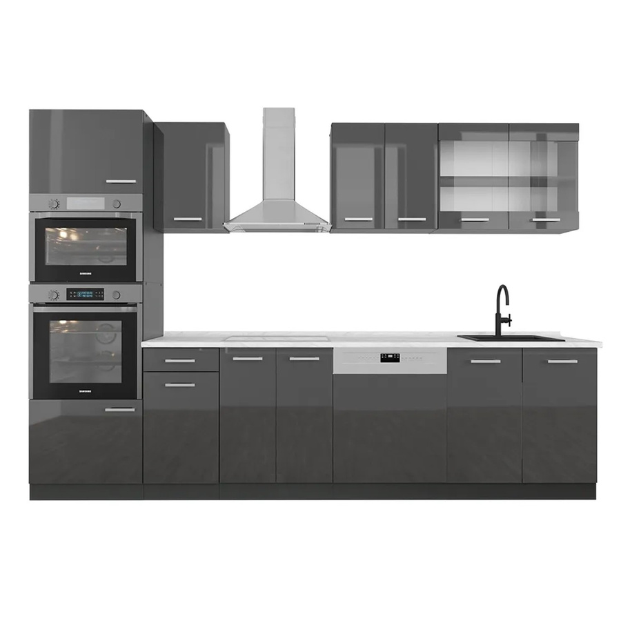 Vicco R-Line Küchenzeile in Anthrazit Hochglanz mit Hochschrank und Marmor-Arbeitsplatte, Breite: 300 cm - Bild 2