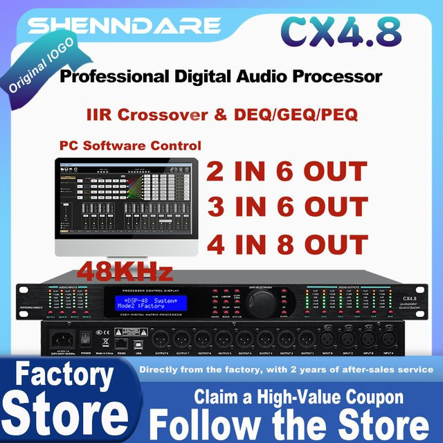 ShennDare CX4.8 Digitaler Audioprozessor mit 4 Eingängen und 8 Ausgängen, 32-Bit DSP Frequenzweiche und Lautsprechermanagement in Schwarz - Bild 1