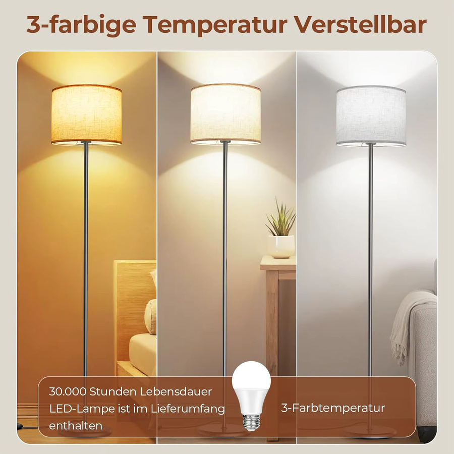 Moderne LED-Stehleuchte PIBAOGU mit weißem Lampenschirm und Fußschalter, Höhe: 155 cm, E27 - Bild 4
