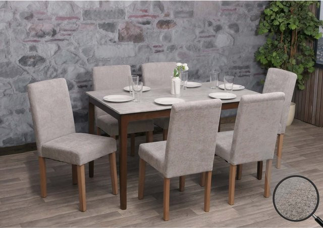 6er-Set Esszimmerstühle MCW Littau aus Chenille mit Holzbeinen in Hellgrau - Bild 1