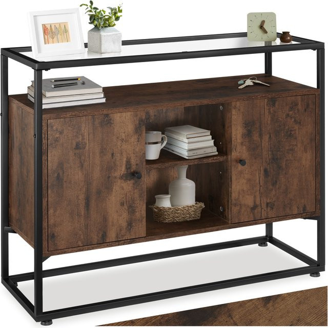 tectake Sideboard Industrial Style in Braun und Schwarz mit Glasplatte, offener Ablage, 2 Staufächern mit Magnettüren und 3 Einlegeböden, B/T/H: 100 x 38 x 80,5 cm - Bild 1