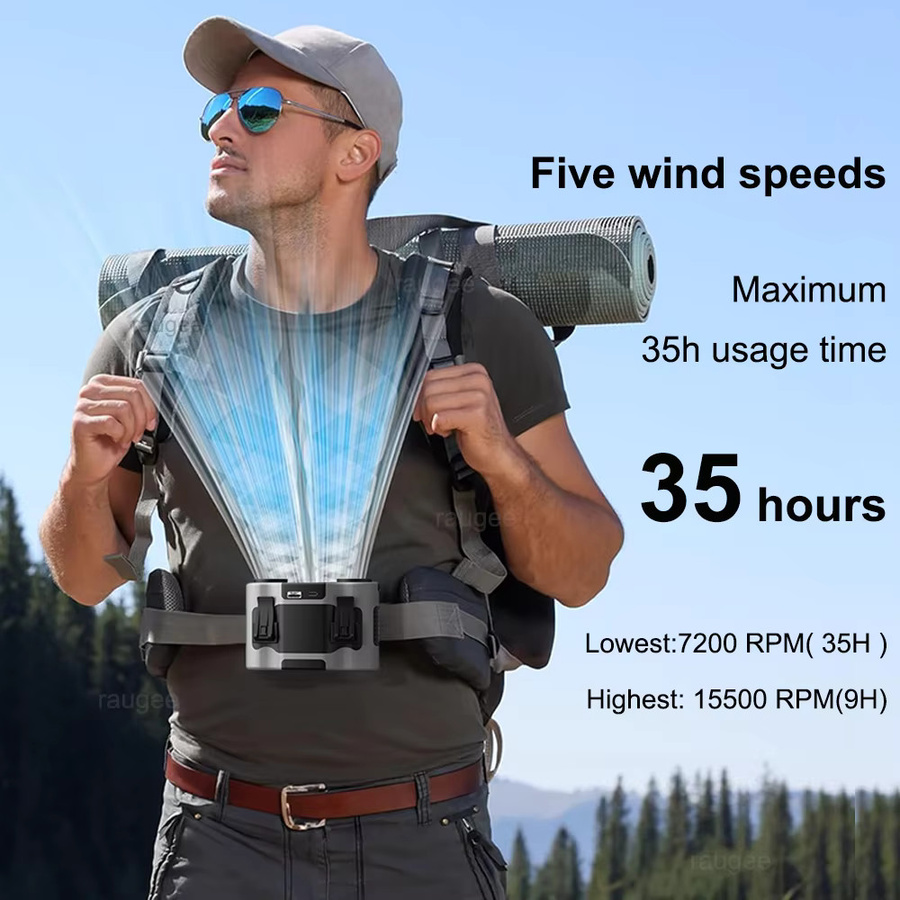 Tragbarer Taillenclip-Ventilator von raugee in Schwarz mit 20000mAh Akku, 5 Geschwindigkeiten und Powerbank-Funktion für Outdoor, Arbeit und Camping - Bild 3