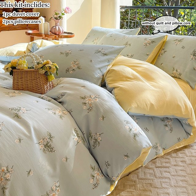 3-teiliges Bettwäsche-Set mit Blumenmuster im Pastoral-Stil, Farbe Grün, B/H: 150 x 200 cm, bestehend aus 1 Bettbezug und 2 Kissenbezügen (ohne Füllung) - Bild 1
