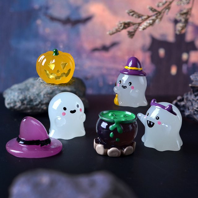 6er Set Joy-enlife Halloween Miniaturfiguren aus Harz mit Leuchteffekt als Geister und Kürbisse für die Tischdekoration und als Geschenk für Kinder - Bild 1