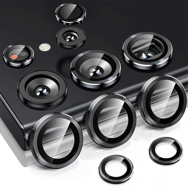 Kamera Objektiv Schutz Glas für Samsung Galaxy S24 Ultra, S23 Plus, S23 und S24 FE mit Metall Schutzring in Grau - Bild 1