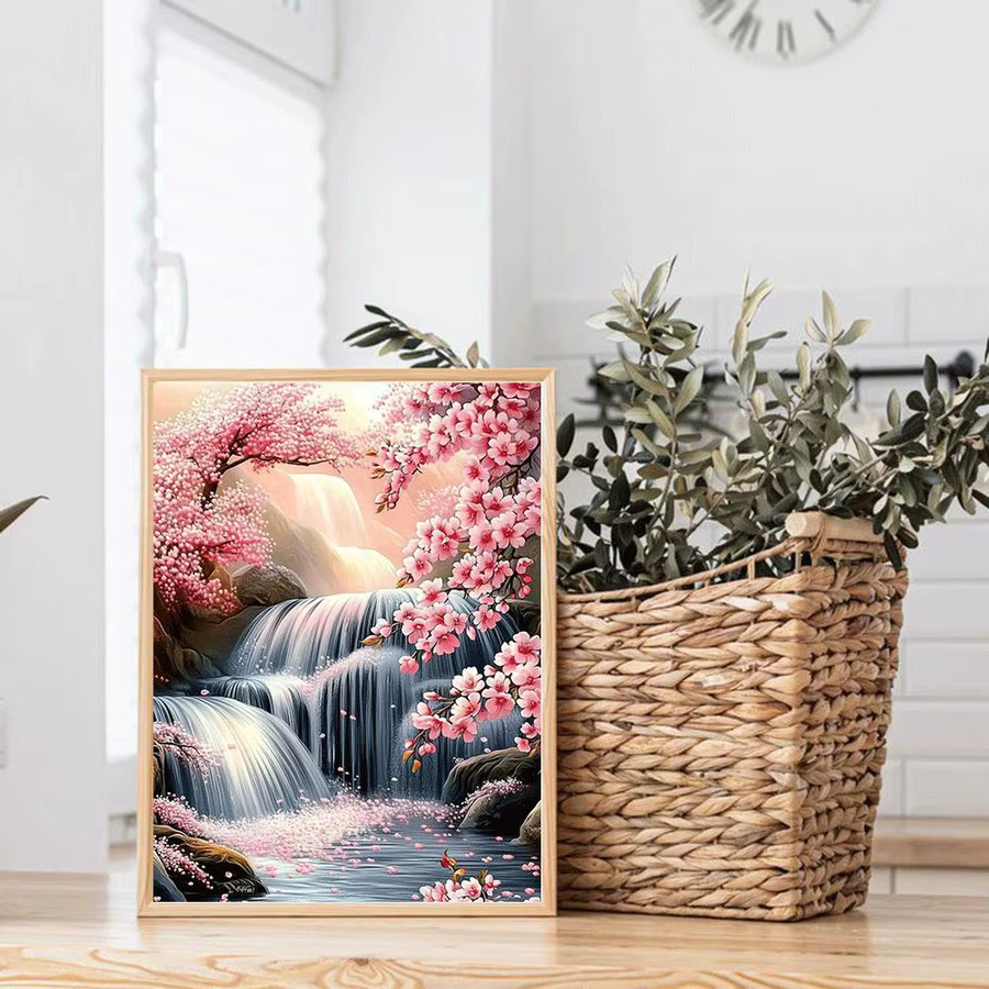 Huacan Diamant-Stickerei-Set Wasserfall-Landschaft in Mehrfarbig, runde Wanddekoration als Diamant-Mosaik-Kunstmalerei, B/H: 30 x 30 cm - Bild 3
