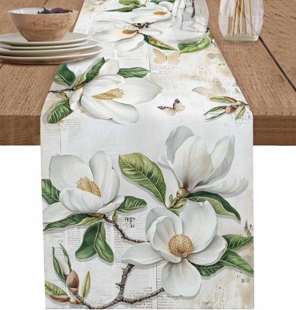 JMG Household Supplies Tischläufer aus Leinen mit Retro-Magnolienblüten und Schmetterlingen in Weiß, B/H: 150 x 33 cm - Bild 1
