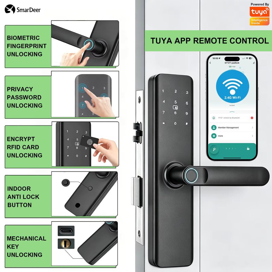 SmarDeer 5-in-1 Intelligentes Türschloss in Schwarz mit Tuya WIFI und Fingerabdrucksensor für schlüssellosen Zugang - Bild 3