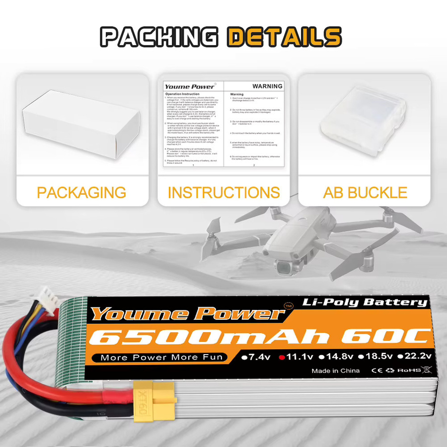 Youme 3S 6500mah Lipo Batterie 11,1V T XT60 60C für RC FPV Flugzeuge Drone Racing Boot Auto - Bild 5