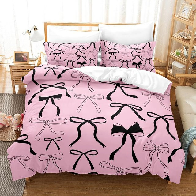 Binchi Fitness Bettwäscheset mit Schleifen-Design in Pink, weiches Microfaser-Bettwäscheset bestehend aus Bettbezug und Kissenbezug, US Full B: 200 cm, H: 229 cm - Bild 1