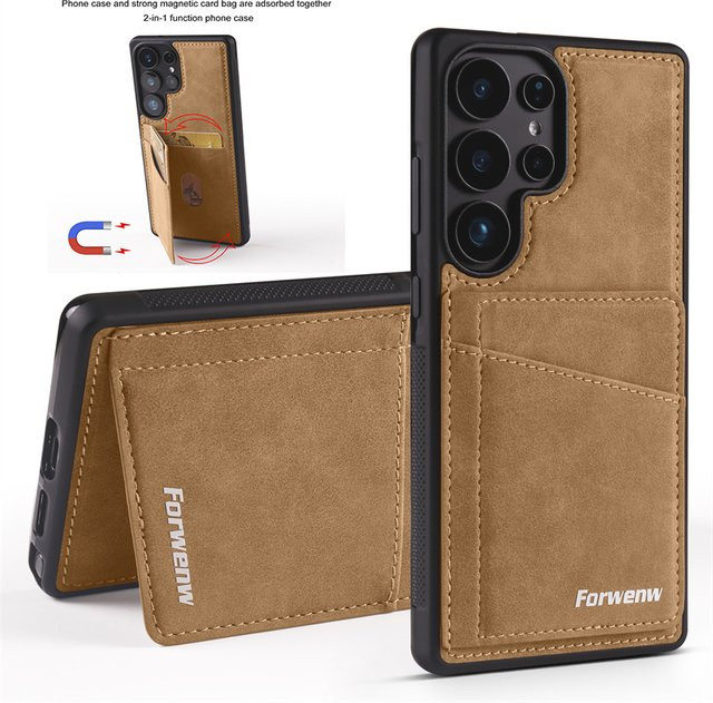 Stoßfeste Leder-Brieftasche als Handyhülle für Samsung Galaxy S25 S24 S23 S22 S21 Ultra Plus mit Kartenfach in Blau und Braun - Bild 1