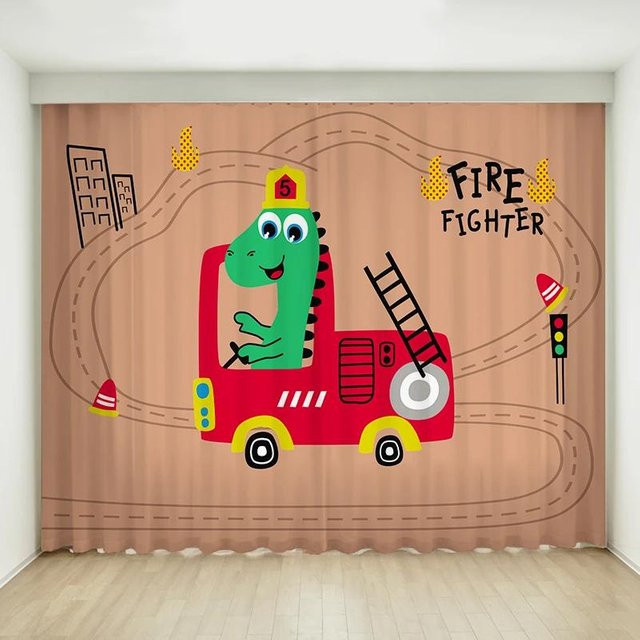 Yiran Furniture Verdunkelungsvorhang für Kinderzimmer mit Dinosaurier-Cartoon-Motiv, Gelbgrün/Mehrfarbig, B: 55 cm, H: 120 cm, 2er-Set mit Ösen - Bild 1