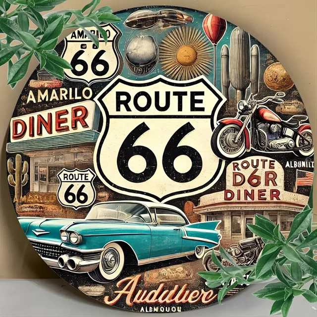 HELLOYOUNG Route66 Vintage-Metallschild, Rundes Retro-Wandkunst-Dekor in Multicolour, B/H: 20,3 x 20,3 cm - Bild 1
