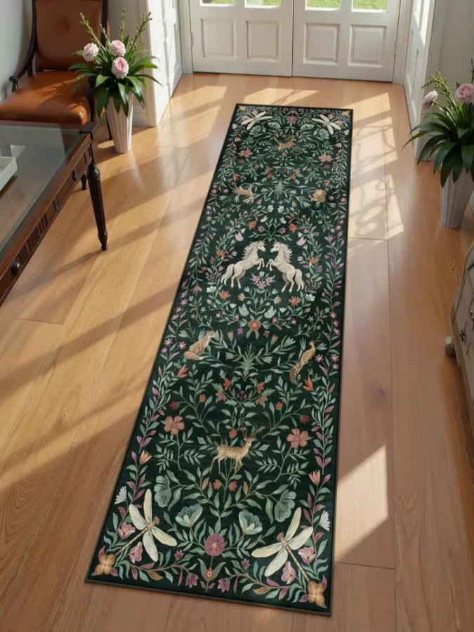 VIKAMA Vintage Teppich Langer Läufer mit Waldtier-Blumenmuster in Dunkelgrün, Rutschfest für Flur und Schlafzimmer - Bild 1