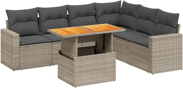 vidaXL 7-teilige Garten-Sofagarnitur in L-Form aus Poly-Rattan und Akazienholz in Grau mit Kissen - Bild 1