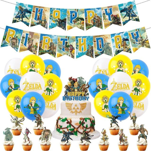 32-teiliges Zelda Geburtstagsparty Set in Gelb und Multicolour mit Banner, Luftballons und Kuchenaufsatz für Kinder - Bild 1