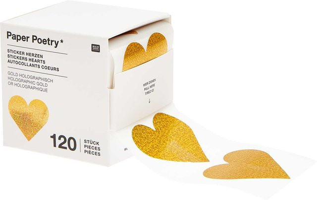 Rico Design Paper Poetry Sticker Herzen in Gold-Holographisch, Durchmesser: 5 cm, 120 Stück auf der Rolle - Bild 1