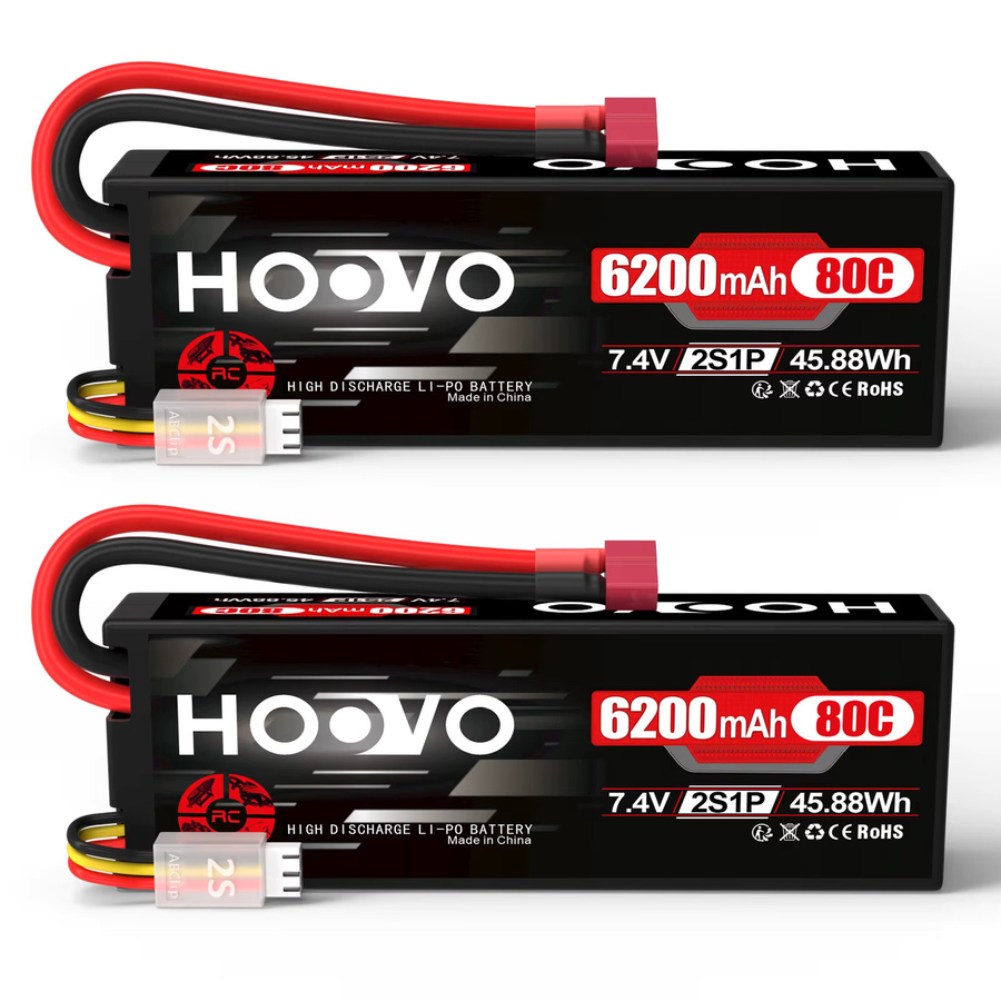 HOOVO 2er-Set LiPo Akku 7,4V 6200mAh 2S 80C mit T-Stecker und Hardcase für RC Auto, Flugzeug, Hubschrauber und Boot, Schwarz - Bild 5