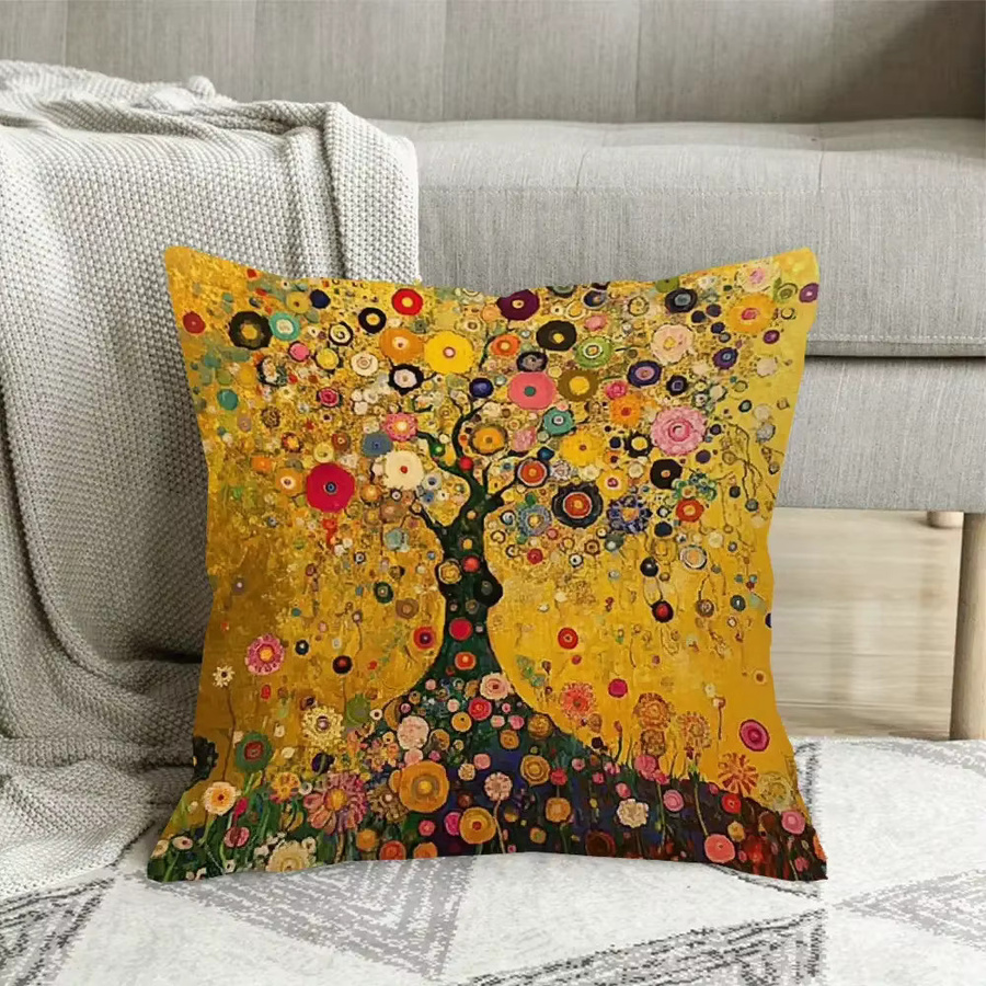 Klimt Baum des Lebens Kissenbezug in Gold mit floralem Art Nouveau Design, quadratisch, 45 x 45 cm - Bild 2