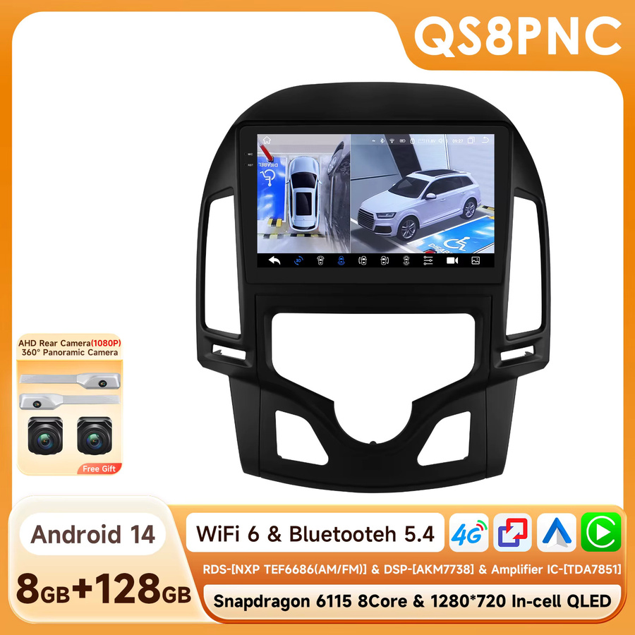 OSSURET Android 14 Auto-Multimedia-Player für Hyundai I30 (AT) 2006-2011, 9 Zoll Display, Kabelloses CarPlay, Android Auto, Bluetooth, Mirror Link und DSP Audio, Schwarz - Bild 8