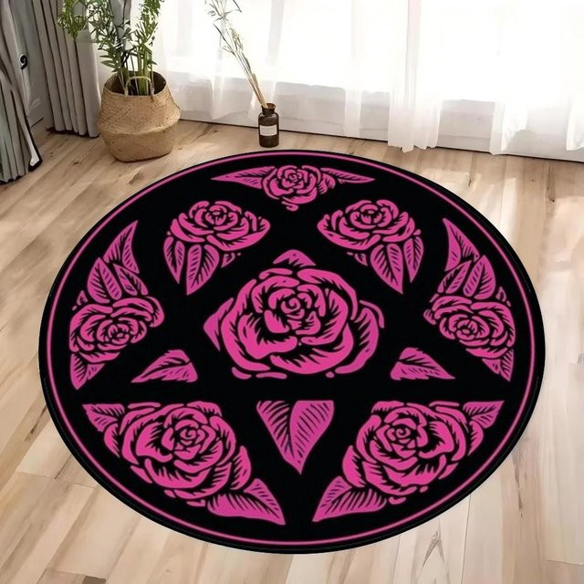 Runder Teppich mit okkulten Runen und Satanischem Kreis in Schwarz, Durchmesser: 120 cm - Bild 1