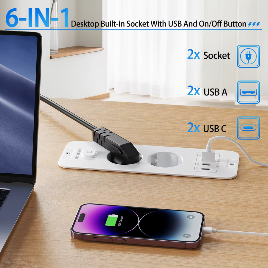 HITRENDS EU-Tisch-Einbausteckdose in Weiß mit 1 Steckdose, 2 USB-A und 2 USB-C PD20W Schnellladung sowie 2 m Kabel - Bild 2