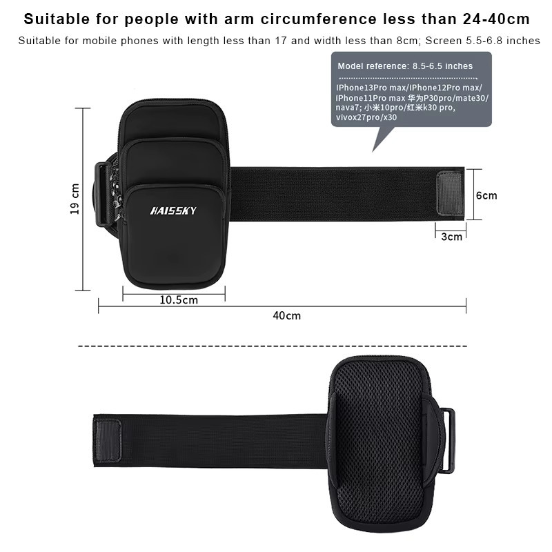 HAISSKY Fitness Armbandtasche mit 3 Reißverschlusstaschen für iPhone 17 16 15 14 13 Pro Max, Farbe: Schwarz - Bild 4