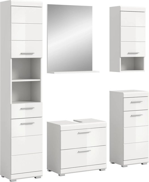 5-teilige Badkombination Xonox in Weiß Hochglanz mit Spiegel und Schränken, B/H/T: 164 x 191 x 34 cm - Bild 1