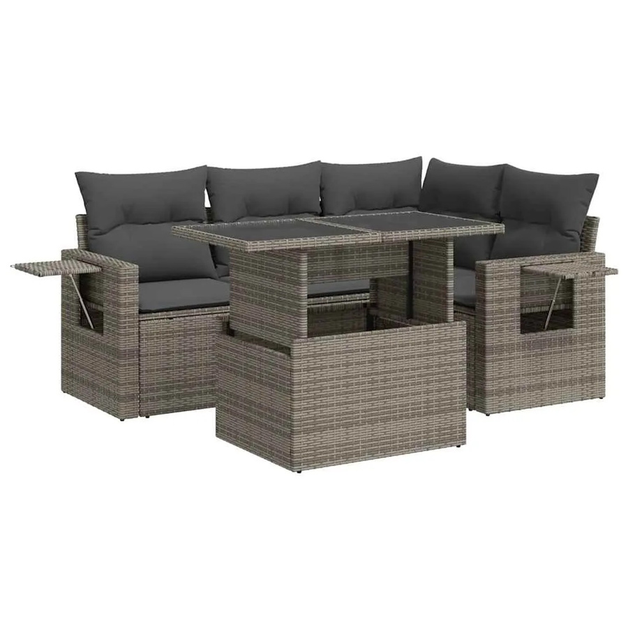 vidaXL 5-teilige Garten-Sofagarnitur in L-Form aus grauem Poly-Rattan mit Kissen und pulverbeschichtetem Stahlgestell - Bild 2