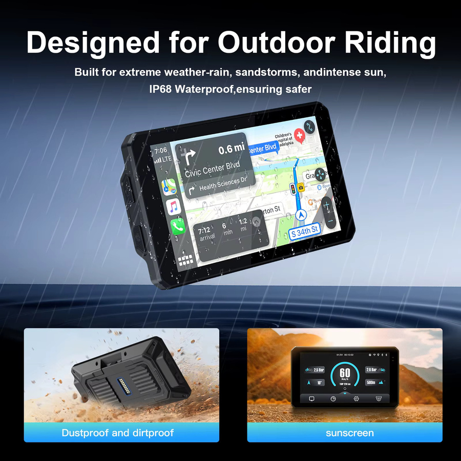 CARABC 6 Zoll Motorrad-CarPlay-Bildschirm mit Android Auto, Bluetooth und GPS-Navigation, IPX68 wasserdicht, Schwarz - Bild 3
