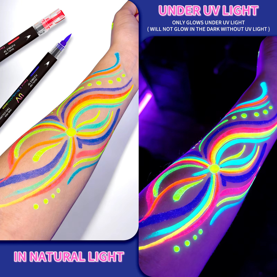 8er-Pack 16-farbige UV-Leuchtmarker in Multicolour, schnelltrocknende Neonfarbmarker mit Doppelspitzen für Graffiti und kreatives Zeichnen, abwaschbar und radierbar - Bild 4